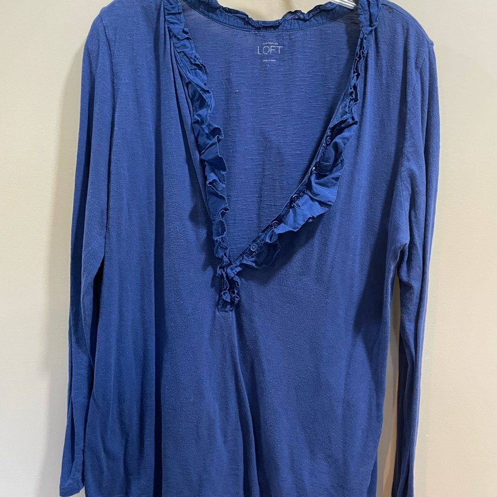 LOFT Women's Deep Blue Ruffled Long Sleeve Top